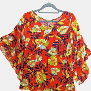 Hanna Women Plus size 1X Orange Tropical Floral Wide Ruffle Sleeve Pullover Top